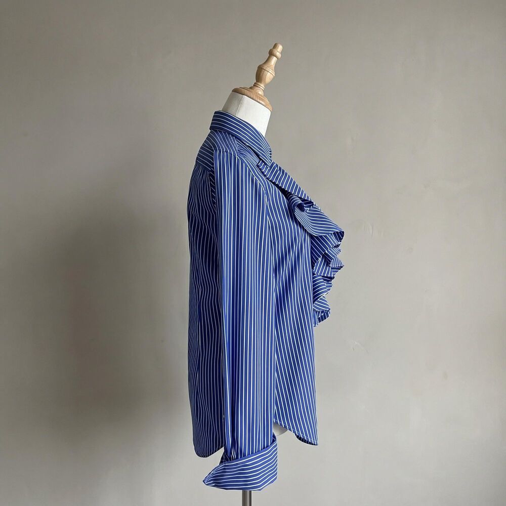 Ralph Lauren Blue Label Ruffle Button Down Shirt Admiral Blue Stripe | 10 - Picture 2 of 4